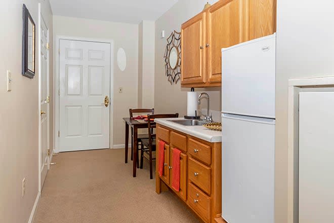 Compact kitchen area with wooden cabinets and essential appliances.