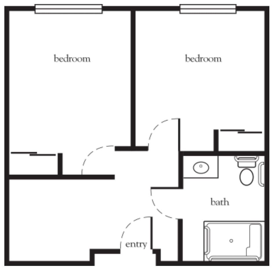 A simple floor plan showcasing two bedrooms and a bathroom.