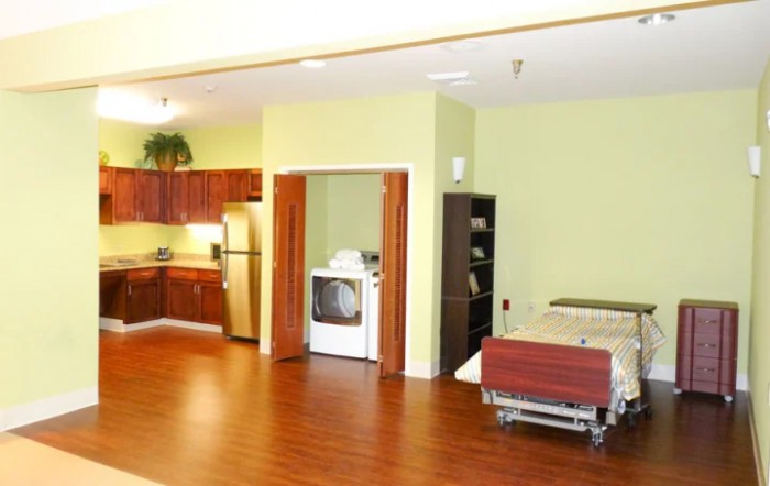A spacious apartment interior featuring an open kitchen and bedroom area with hardwood flooring.