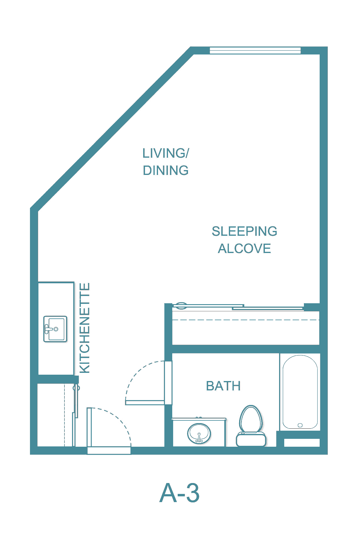 A floor plan of a studio apartment featuring a living/dining area, sleeping alcove, kitchenette, and bathroom.