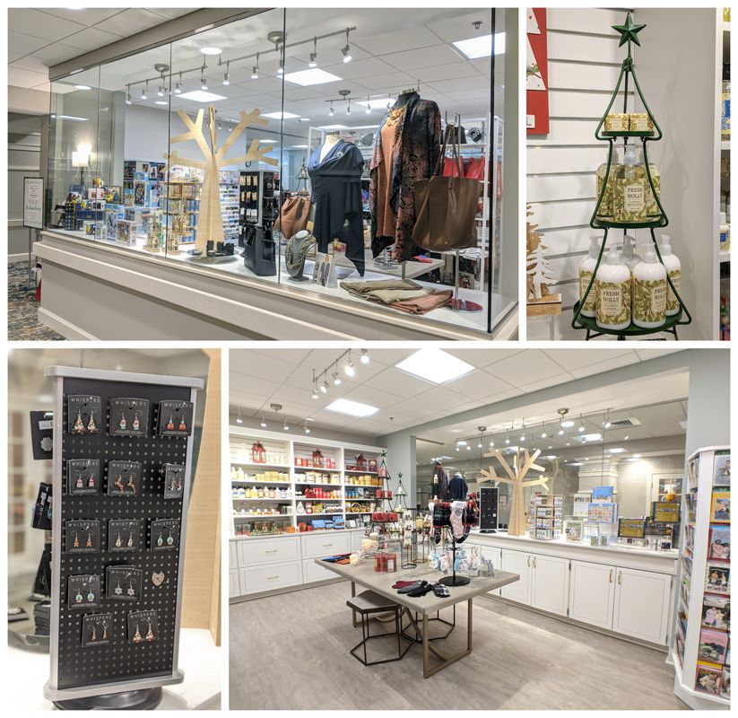 The image showcases the interior and exterior displays of a retail store, featuring clothing, accessories, and home decor items.