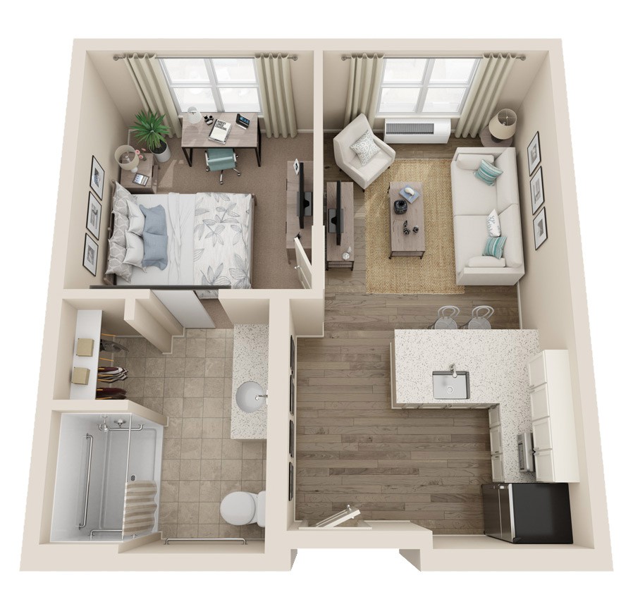 This image shows a 3D floor plan of a one-bedroom apartment, including a living room, kitchen, and bathroom.