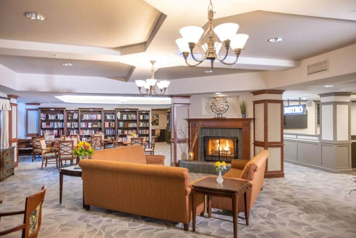 A cozy living room with a fireplace and bookshelves.