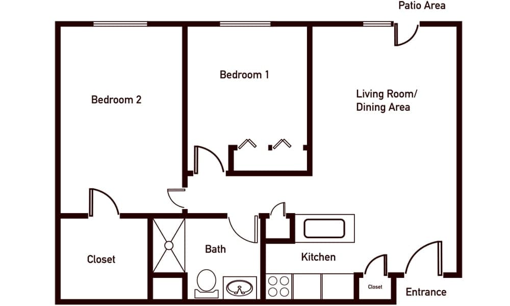 Floor plan of a two-bedroom apartment with a kitchen, bathroom, living room, and dining area.