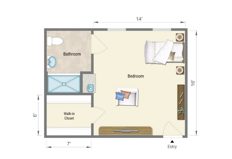 A floor plan layout featuring a bedroom, bathroom, and closet.