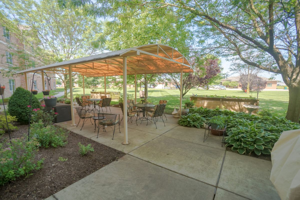 A peaceful outdoor patio area with seating under a canopy surrounded by lush greenery.