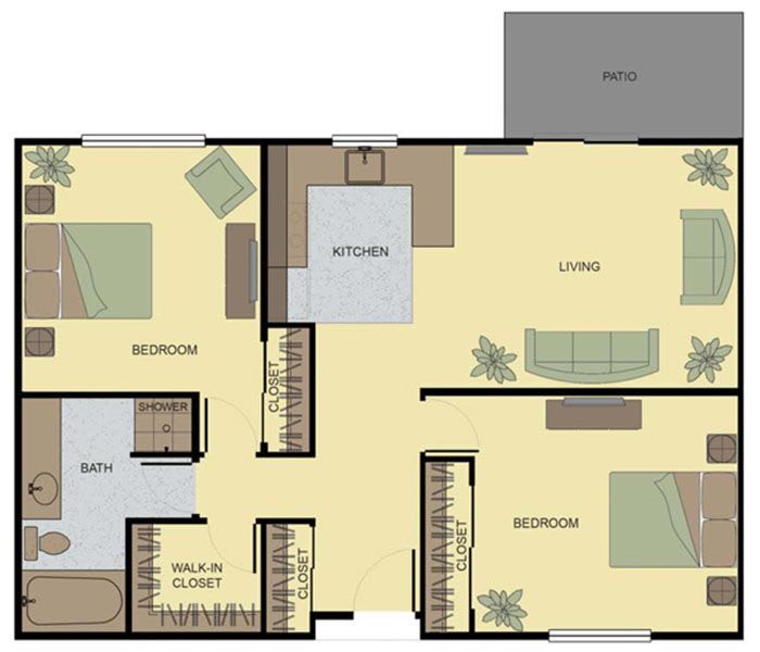 This is a floor plan of an apartment showcasing two bedrooms, a living room, kitchen, and bathroom.
