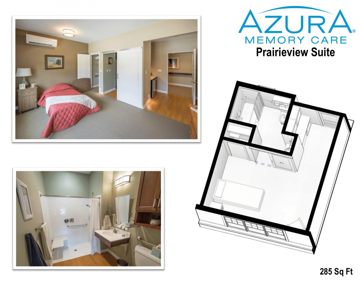 Floor plan and interior view of a Prairievine Suite at Azure Memory Care.