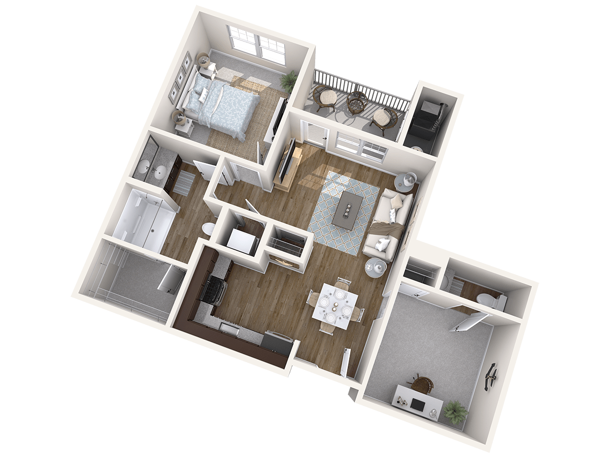 A 3D floor plan of a modern apartment featuring a living room, kitchen, bedroom, and bathroom.