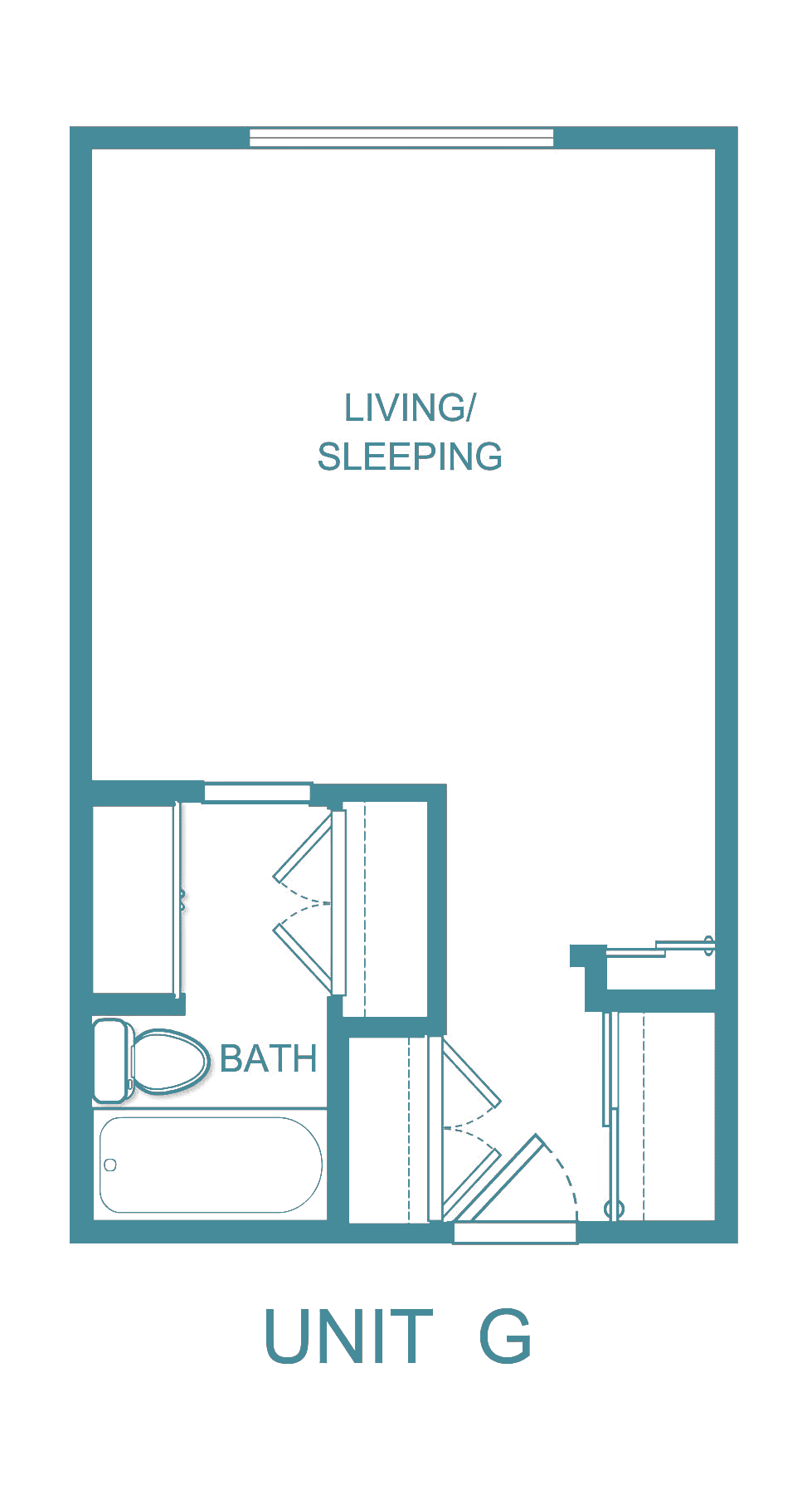A floor plan of a studio apartment featuring a combined living and sleeping area with an adjacent bathroom.
