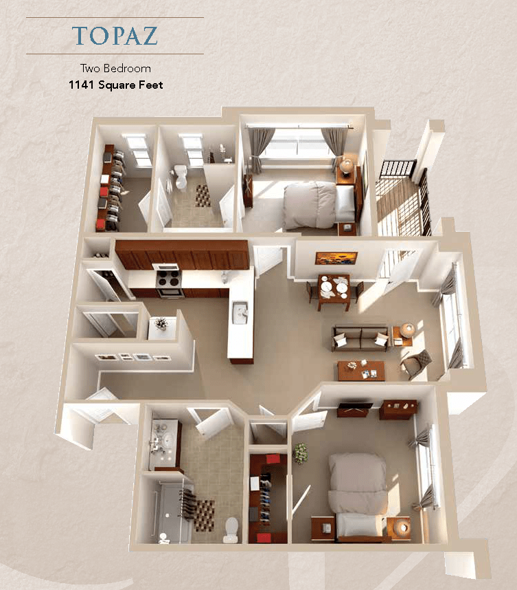 3D floor plan of a two-bedroom apartment with furniture layout.
