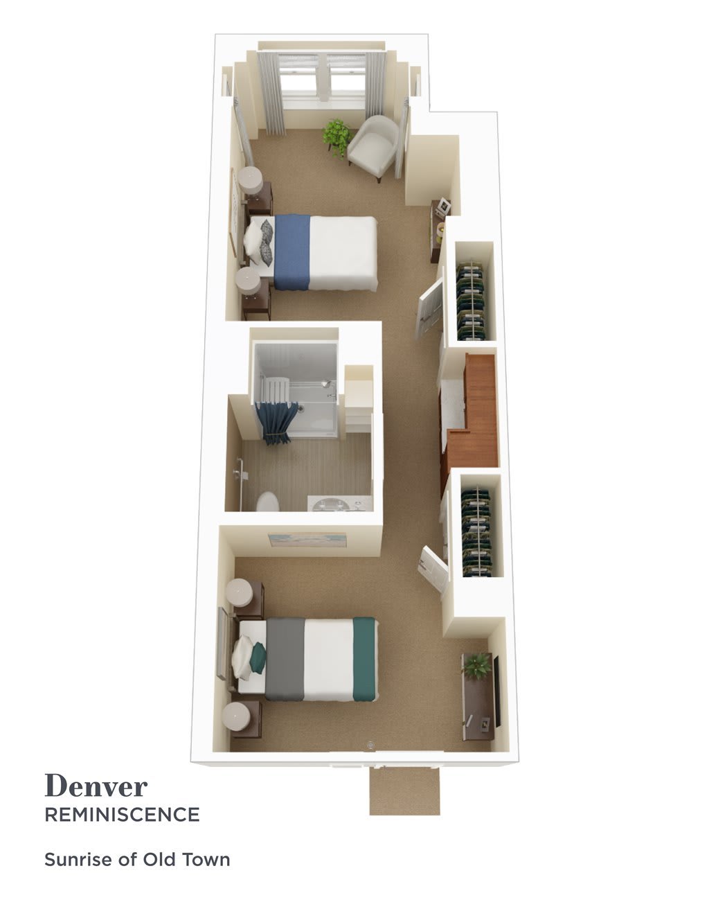 A 3D floor plan of a two-bedroom apartment with a shared bathroom.