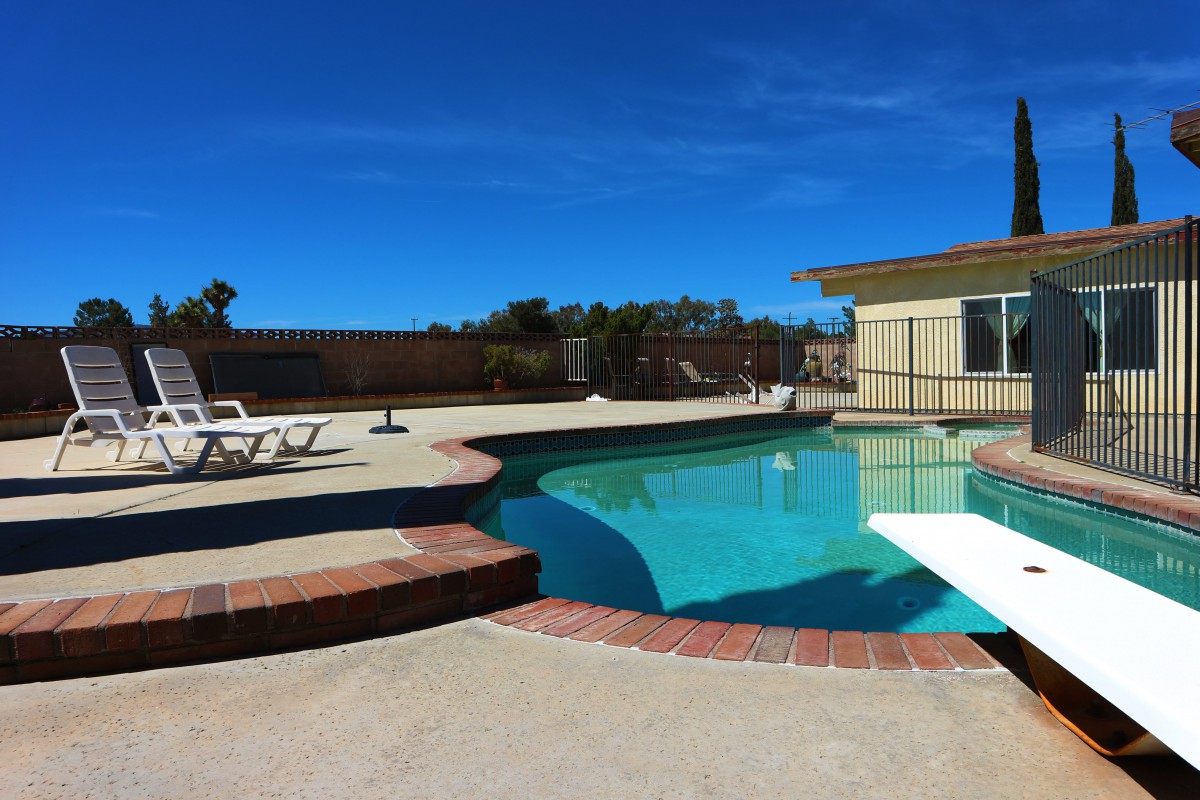 A sunny backyard with a swimming pool and diving board, surrounded by patio furniture.