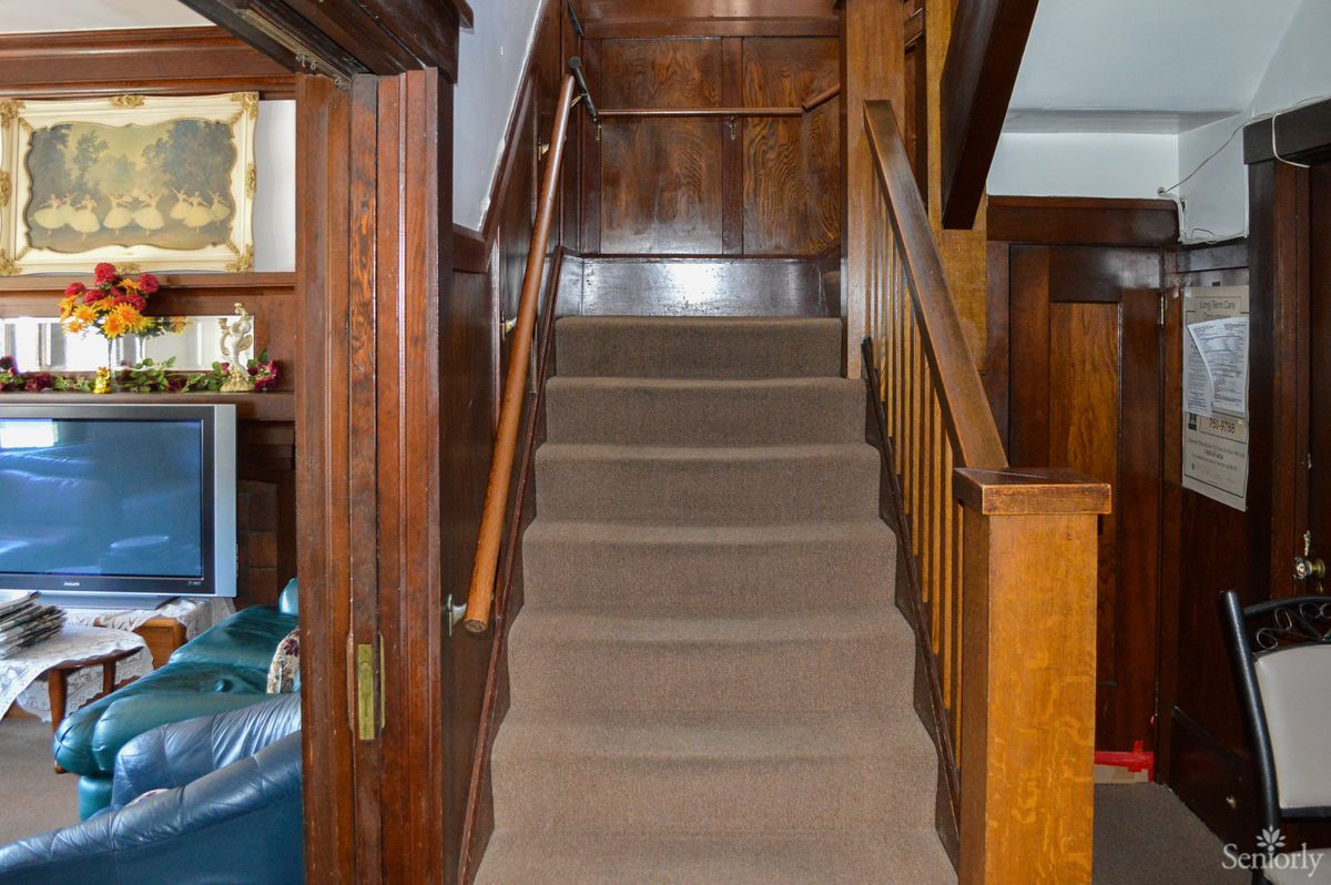 A carpeted staircase with wooden paneling and handrails.