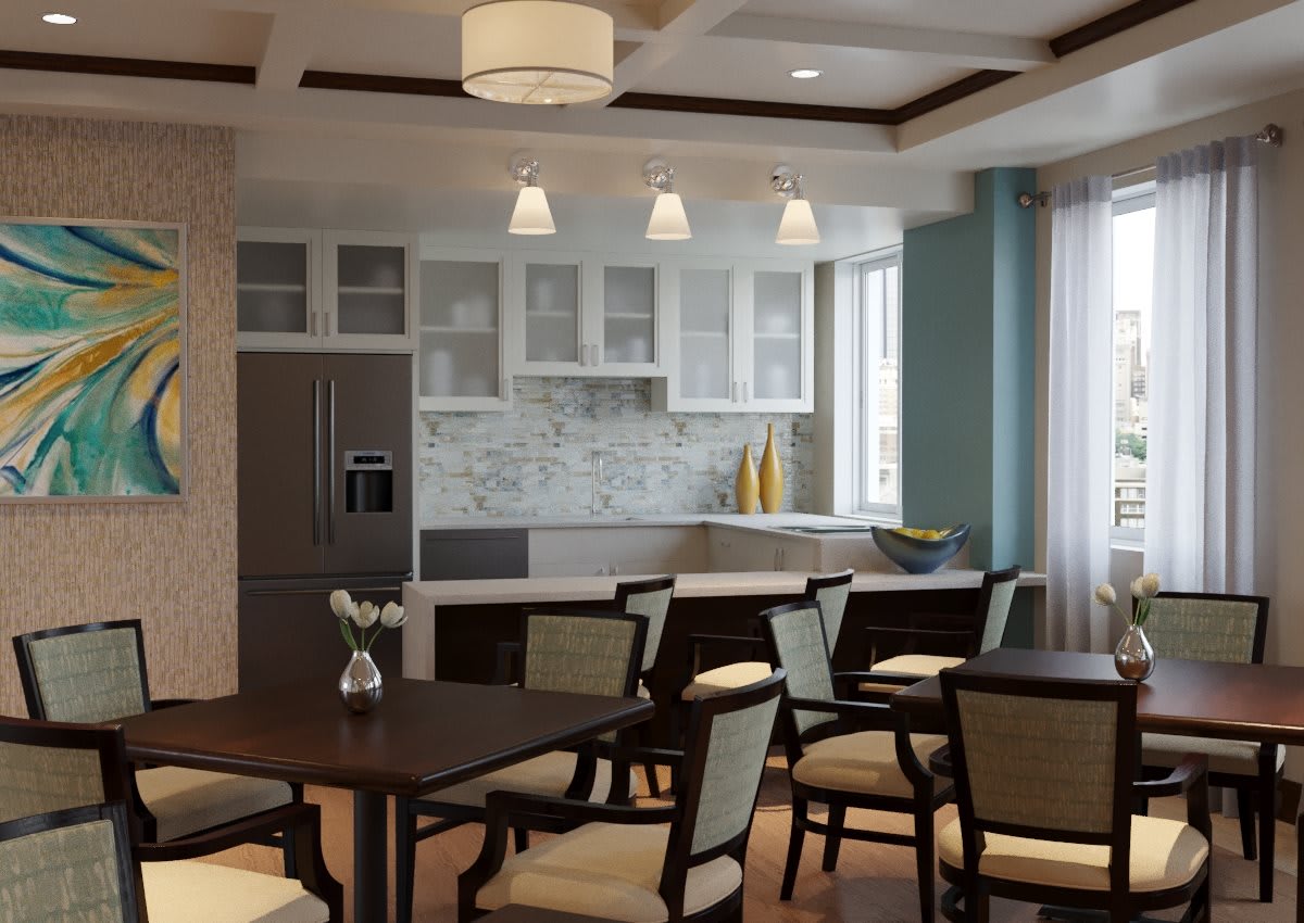 A modern kitchen and dining area with elegant furnishings and ambient lighting.