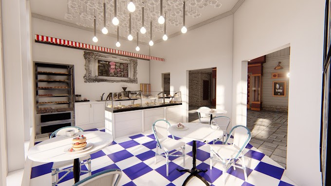 A modern cafe interior with a checkerboard floor and stylish lighting.
