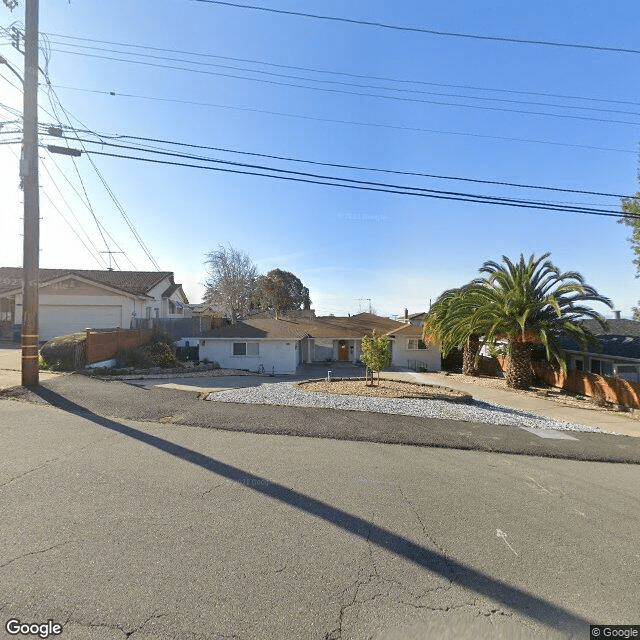 A suburban residential area with a street view, featuring a palm tree and power lines.