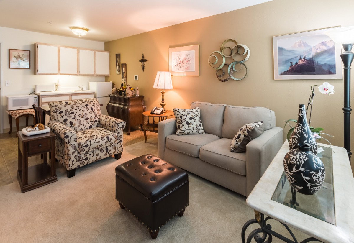 Cozy living room with a sofa, patterned armchair, and stylish decor.