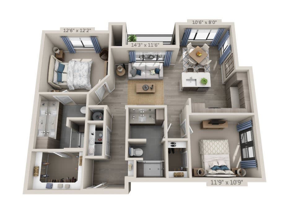 3D floor plan of a modern two-bedroom apartment.