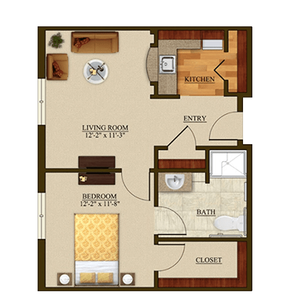 A floor plan of a one-bedroom apartment featuring a living room, kitchen, and bathroom.