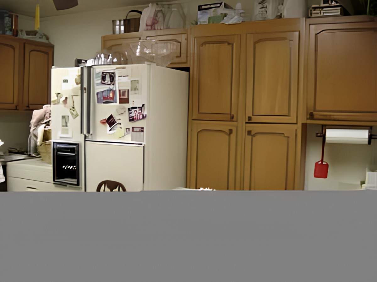 A cozy kitchen with wooden cabinets and a refrigerator adorned with magnets.