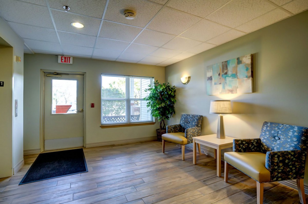 A cozy lobby area with chairs, plants, and a lamp, featuring natural light from a window.