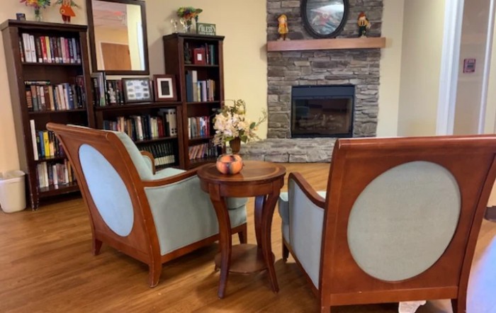 A cozy living room setup featuring a pair of elegant chairs facing a stone fireplace, surrounded by a bookshelf and decor on wooden flooring.