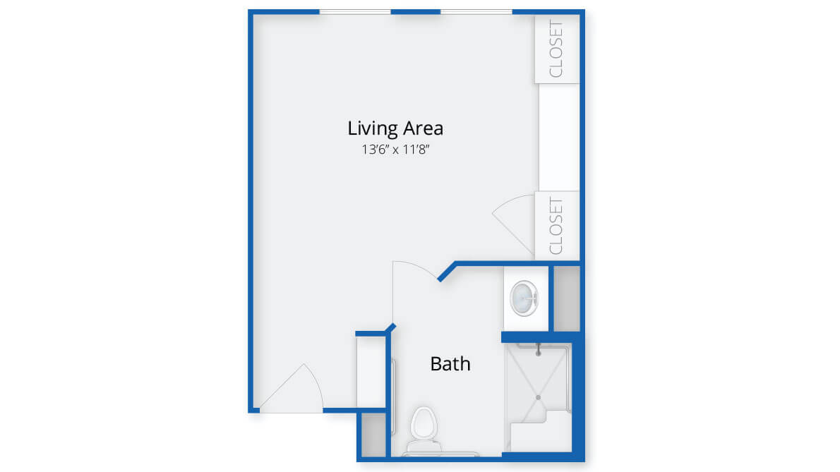 Studio apartment floor plan with living area and bathroom.