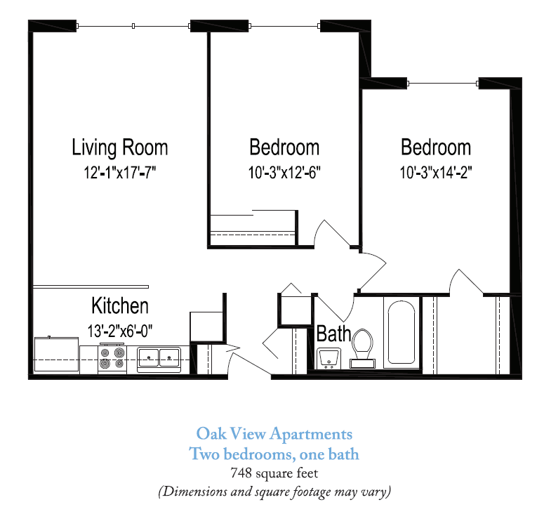 Floor plan of Oak View Apartments featuring two bedrooms, one bathroom, a living room, and a kitchen.