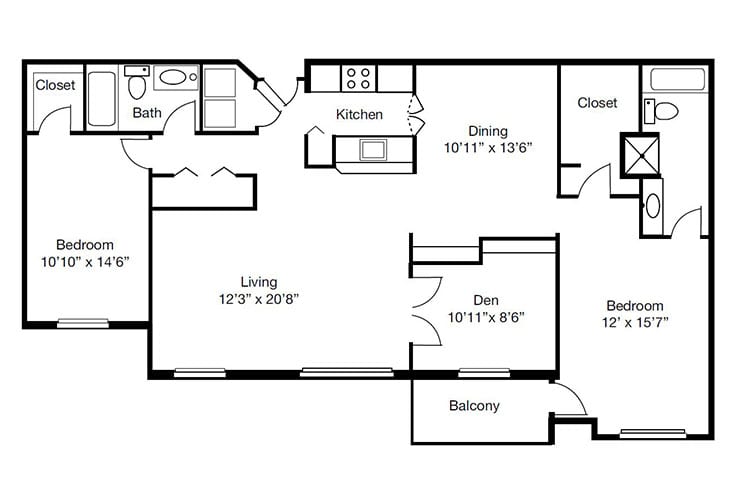 A floor plan of an apartment showing the layout of rooms including living, dining, kitchen, bath, and den.