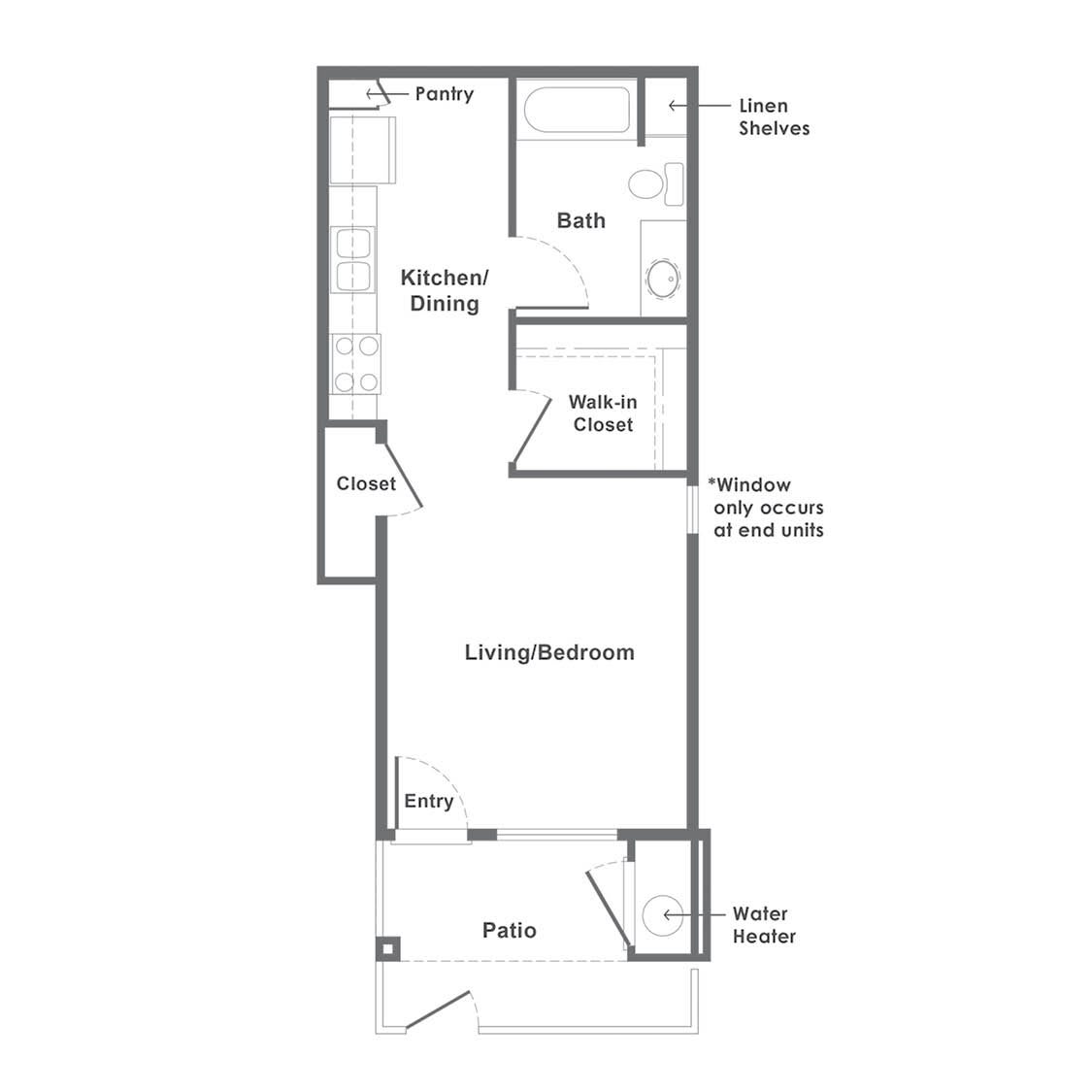 This image shows a floor plan of an apartment with designated areas for a living room, kitchen/dining area, bathroom, bedroom closet, and a patio.