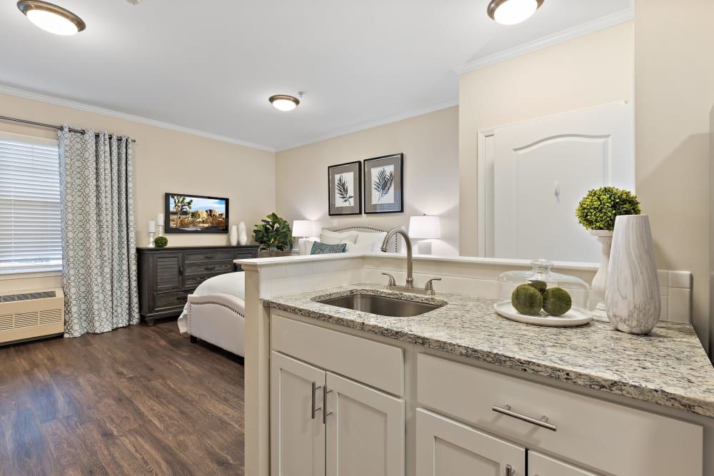 A modern bedroom with elegant decor, featuring a bed, artwork on the walls, and a small kitchenette with a sink.