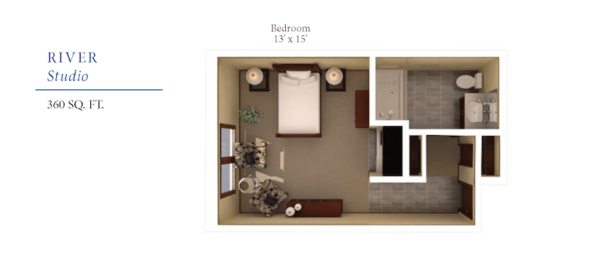 A 15' x 13' bedroom floor plan showing furniture arrangement.