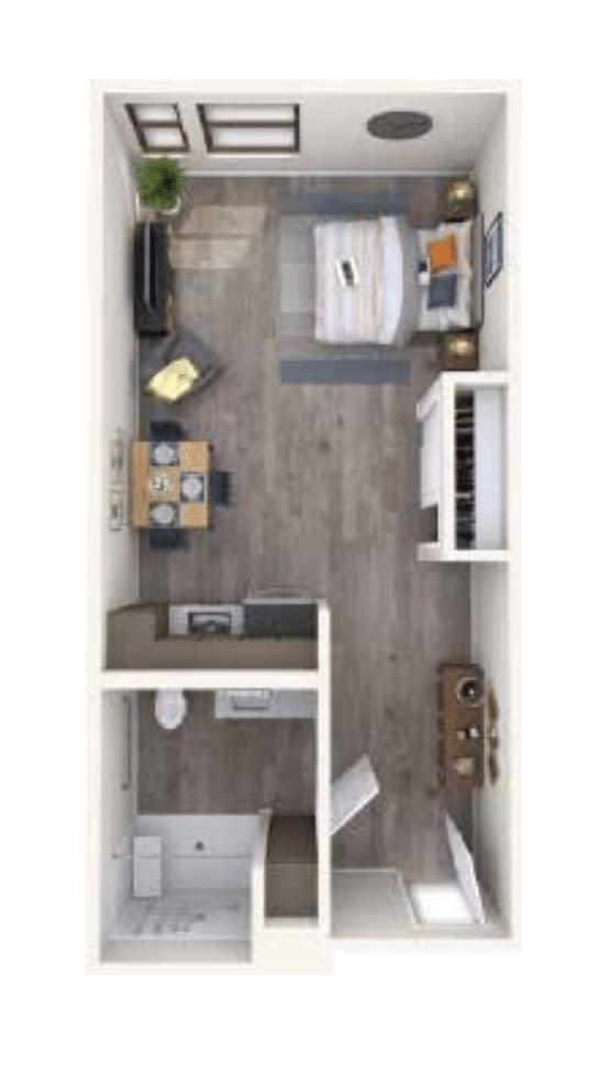 Studio apartment floor plan with a compact interior design.