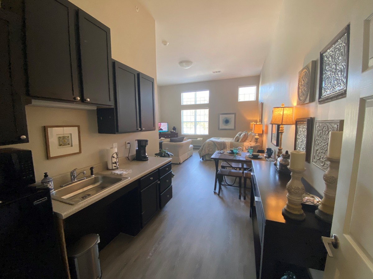 A modern apartment with an open kitchen and living area, featuring sleek cabinetry, hardwood floors, and ample natural lighting.