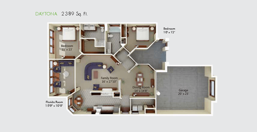3D floor plan of a residential apartment showing room layout and dimensions.