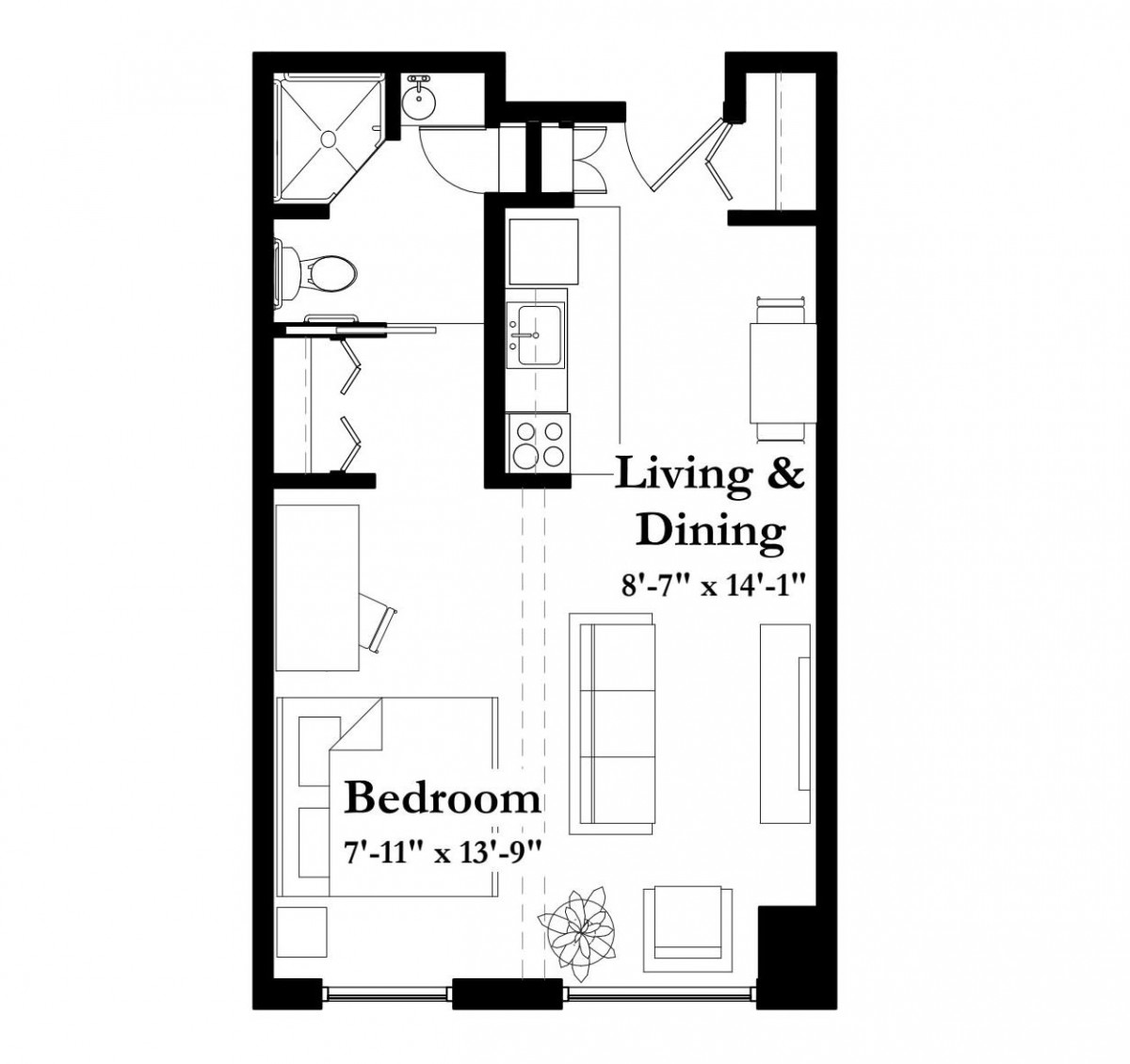 A floor plan of a one-bedroom apartment with specified areas for living, dining, kitchen, and bathroom.