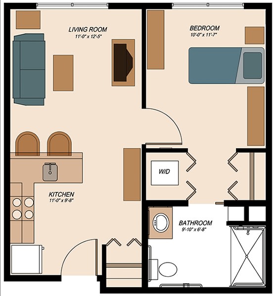 A one-bedroom apartment floor plan featuring a living room, kitchen, bathroom, and bedroom.