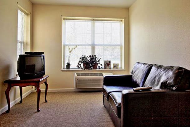 A minimalist living room with a sofa and television by the window.
