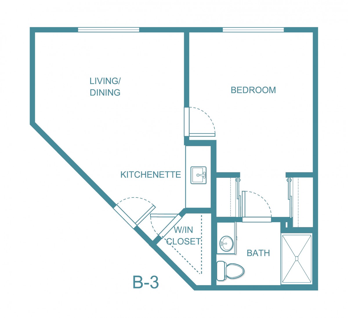 Floor plan of a studio apartment with a living/dining area, kitchenette, bedroom, and bathroom.