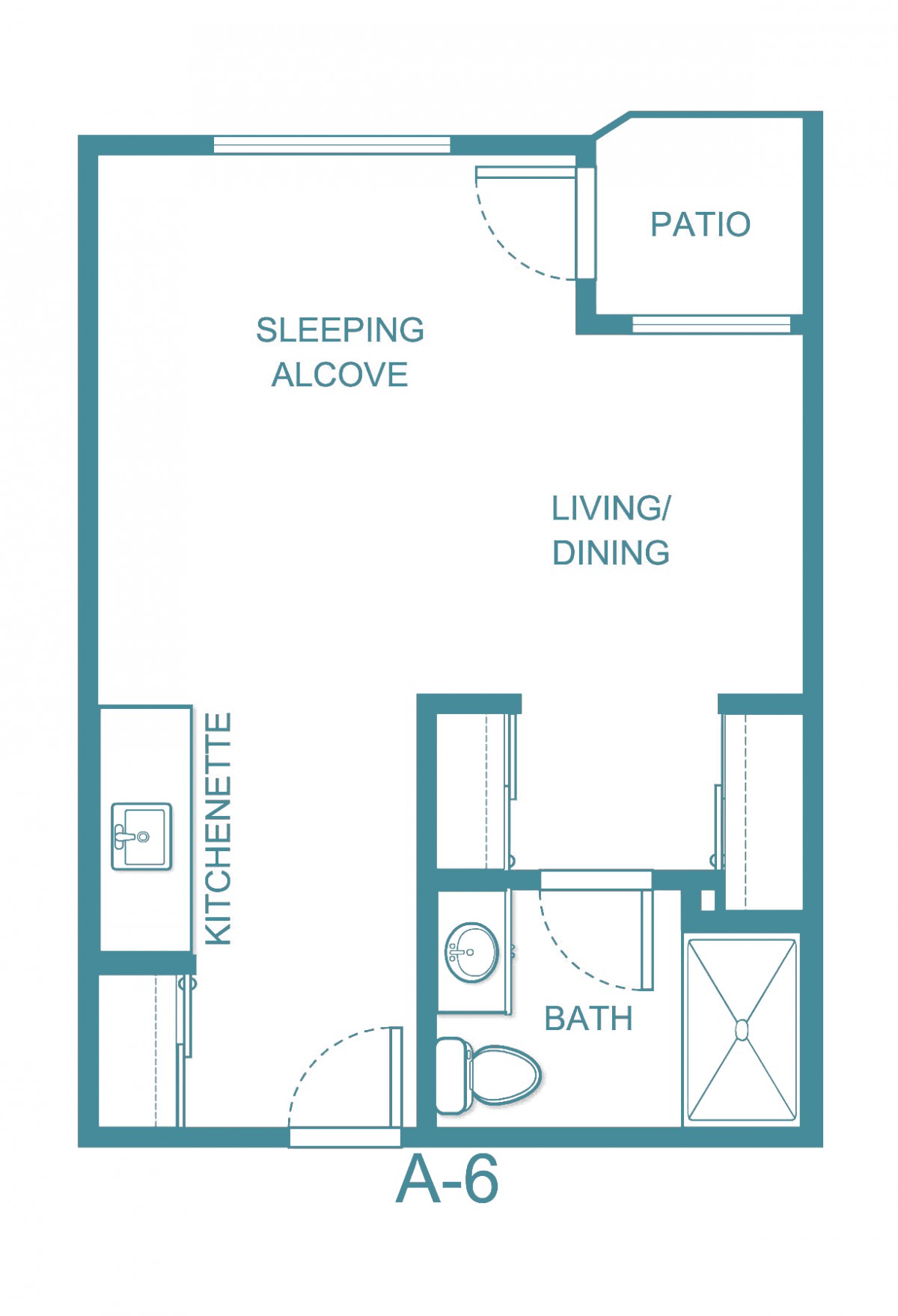 Floor plan of a studio apartment featuring a sleeping alcove, kitchenette, living/dining area, bath, and patio.