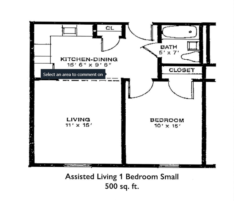 Floor plan of a small assisted living one-bedroom apartment, measuring 500 square feet.