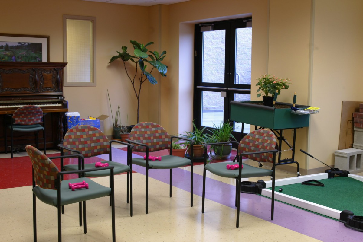 A cozy waiting room with chairs arranged in a circle, surrounded by indoor plants and large windows.