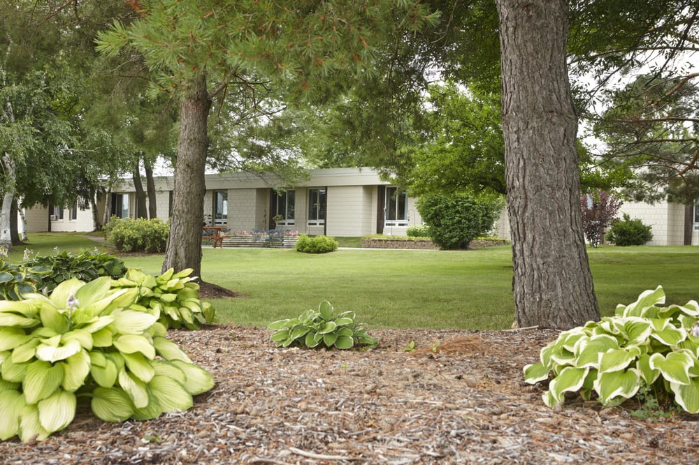 A tranquil garden scene with trees and a house in the background.