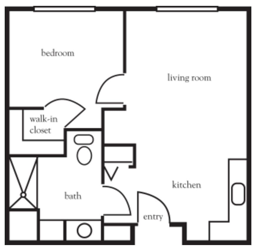This image depicts a floor plan of a one-bedroom apartment, featuring a kitchen, living room, bathroom, and walk-in closet.