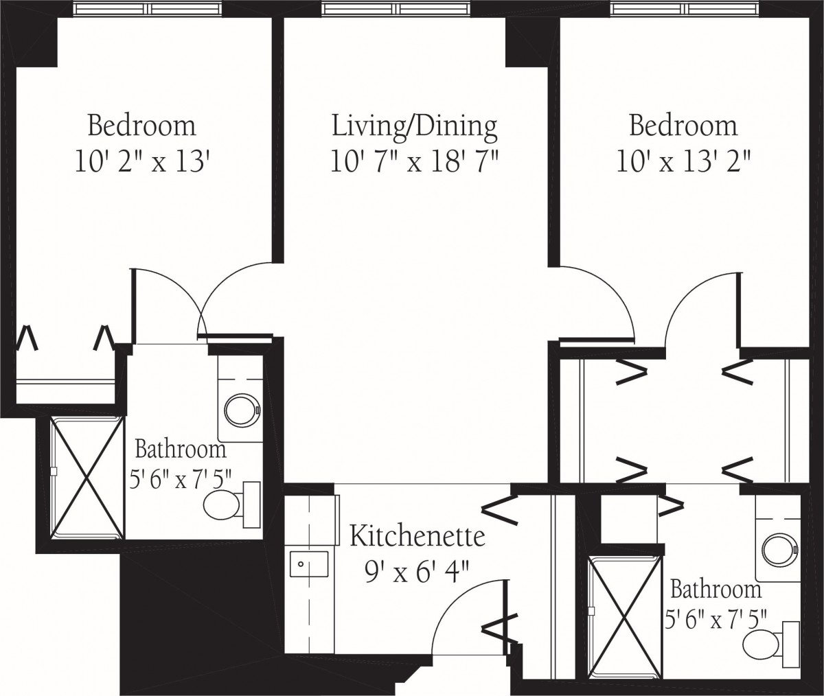 Floor plan of a two-bedroom apartment with a living/dining area, kitchenette, and two bathrooms.
