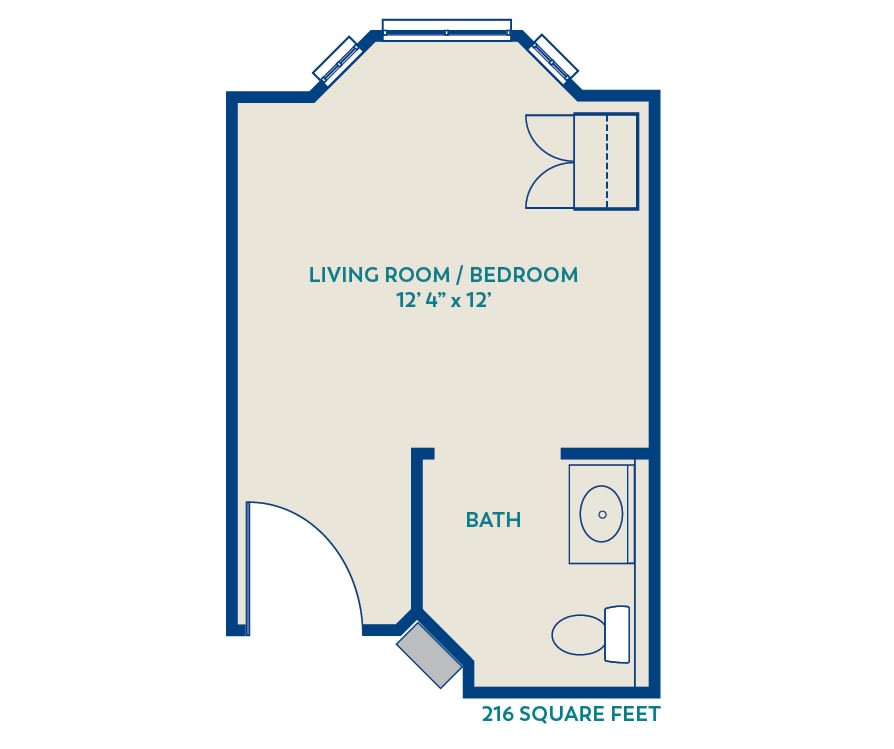 Studio apartment floor plan with a combined living room and bedroom, and a separate bathroom area.