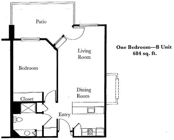 A floor plan of a one-bedroom apartment totaling 684 square feet, including a living room, dining area, kitchen, bathroom, bedroom, and patio.