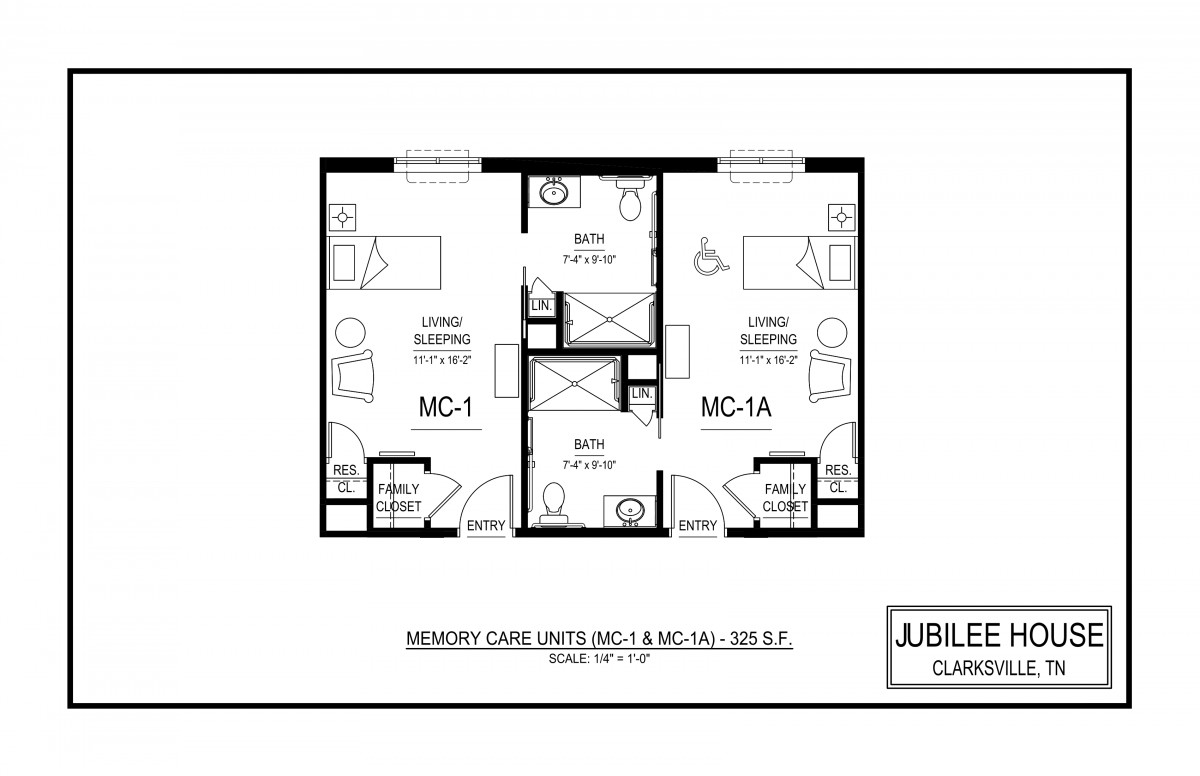 A detailed floor plan of a residential unit featuring two mirrored layouts with communal access.