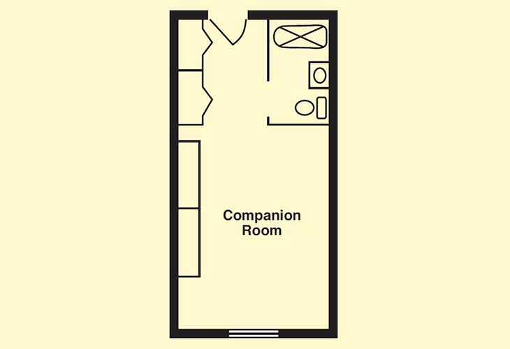 A floor plan of a companion room featuring a bathroom area and entryway.